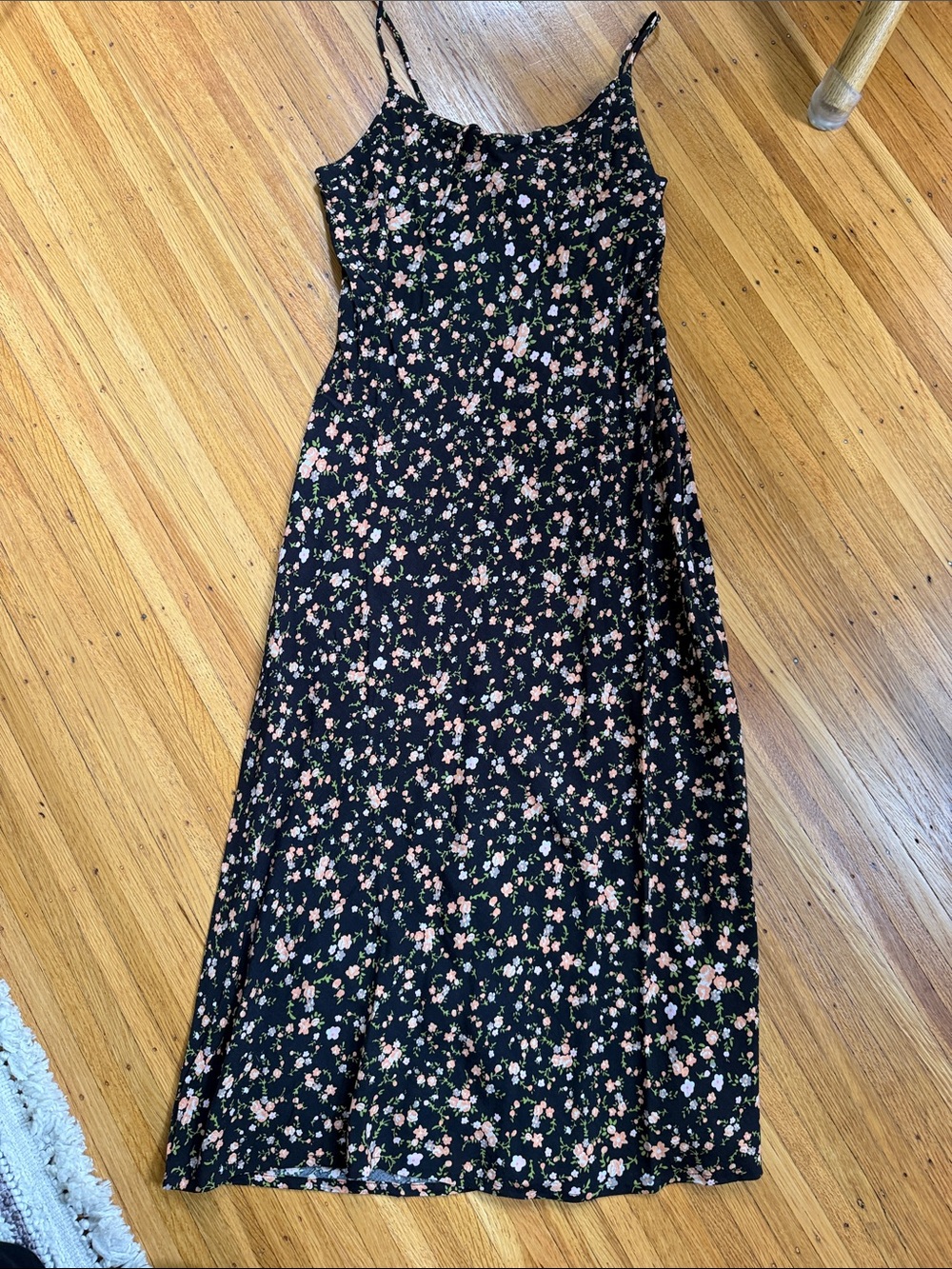 RCVA Black Floral Slip Dress with Pink & Green Print